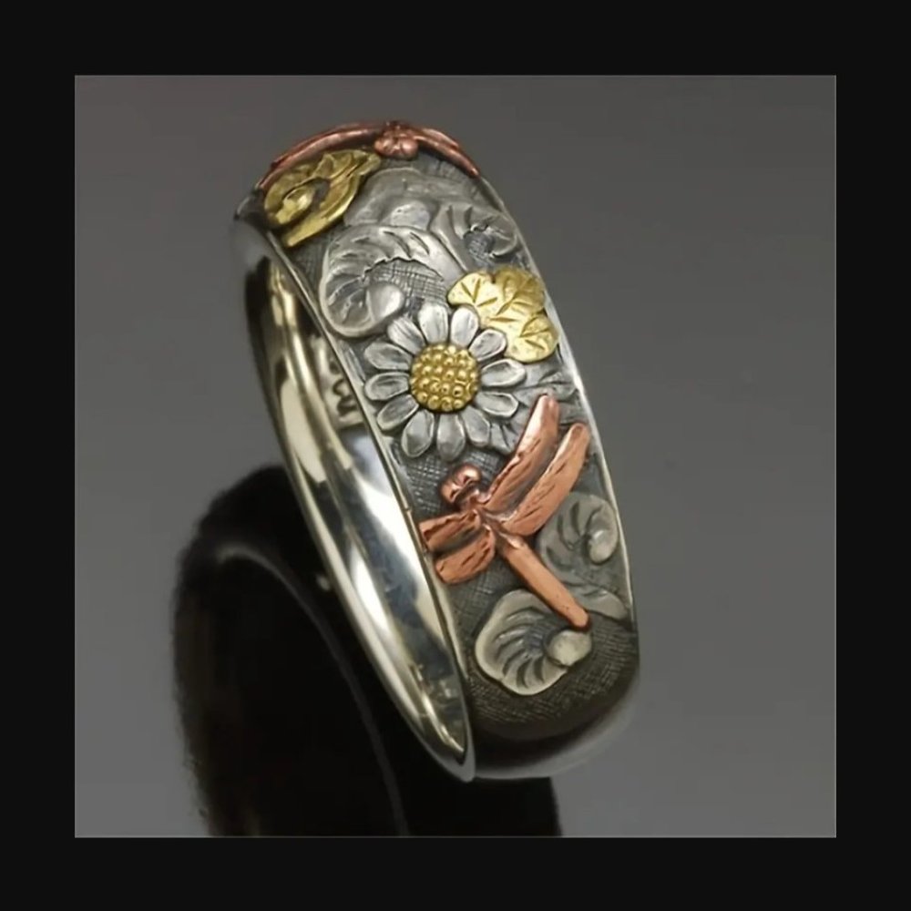 1pc Vintage Carved Ring Flower Dragonfly Sunflower Ring Silver - Unisex
